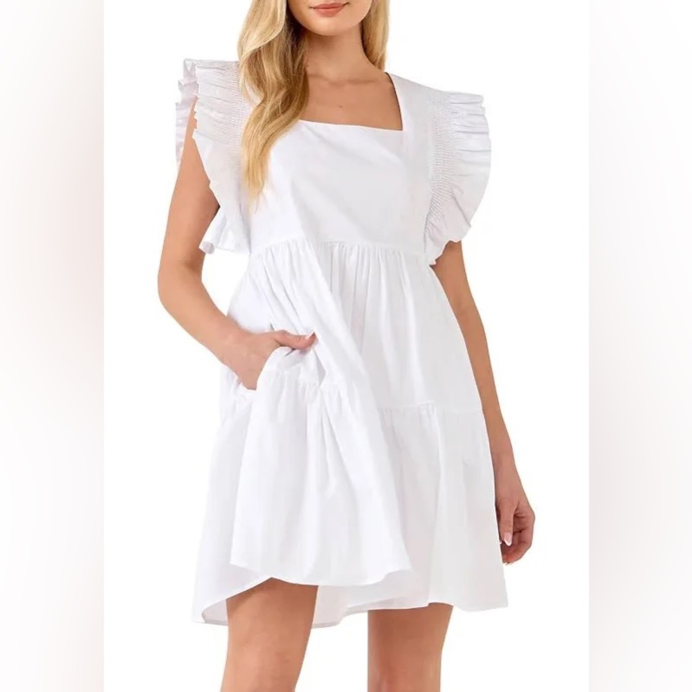 English Factory ruffled smocked mini dress white. Size Medium